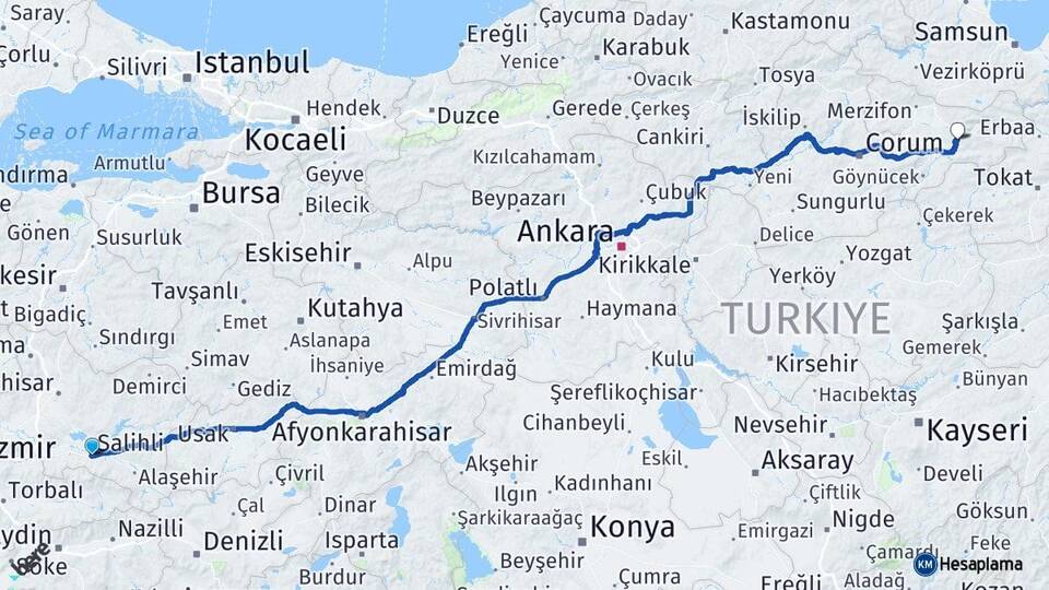 Manisa Salihli Amasya Arası Kaç Km - Yol Haritası