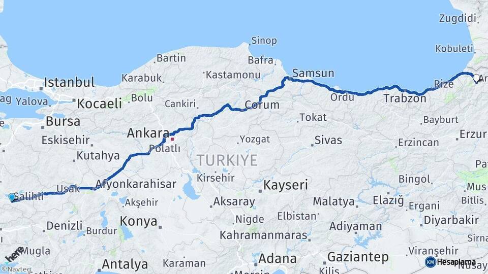 Manisa Salihli Artvin Arası Kaç Km - Yol Haritası