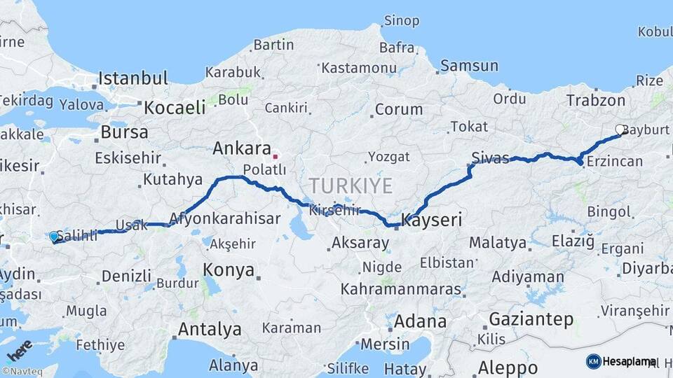 Manisa Salihli Bayburt Arası Kaç Km - Yol Haritası
