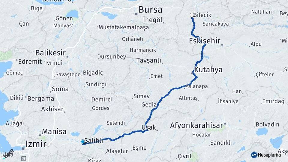 Manisa Salihli Bilecik Arası Kaç Km - Yol Haritası