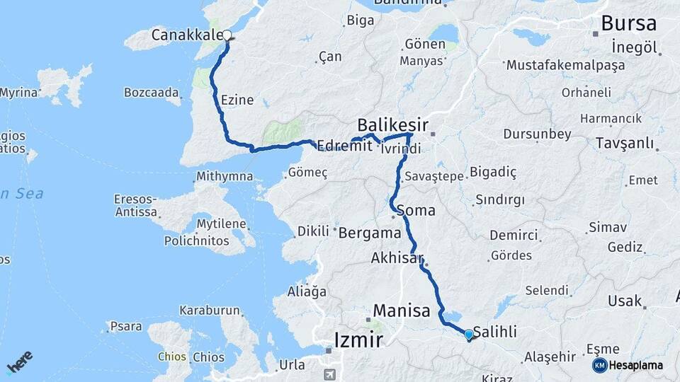Manisa Salihli Çanakkale Arası Kaç Km - Yol Haritası