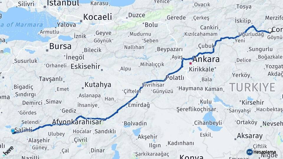 Manisa Salihli Çorum Arası Kaç Km - Yol Haritası