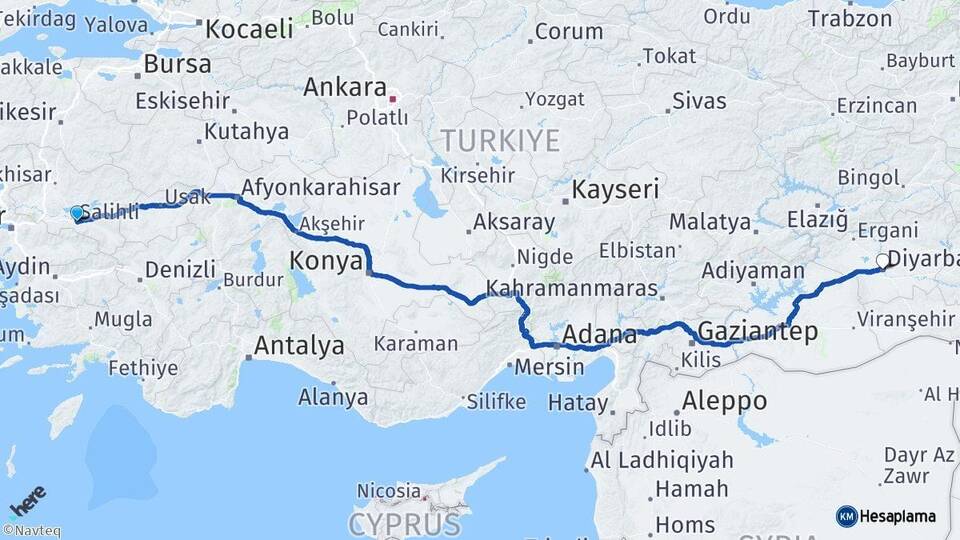 Manisa Salihli Diyarbakır Arası Kaç Km - Yol Haritası