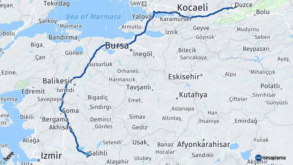 Manisa Salihli Düzce Arası Kaç Km - Yol Haritası