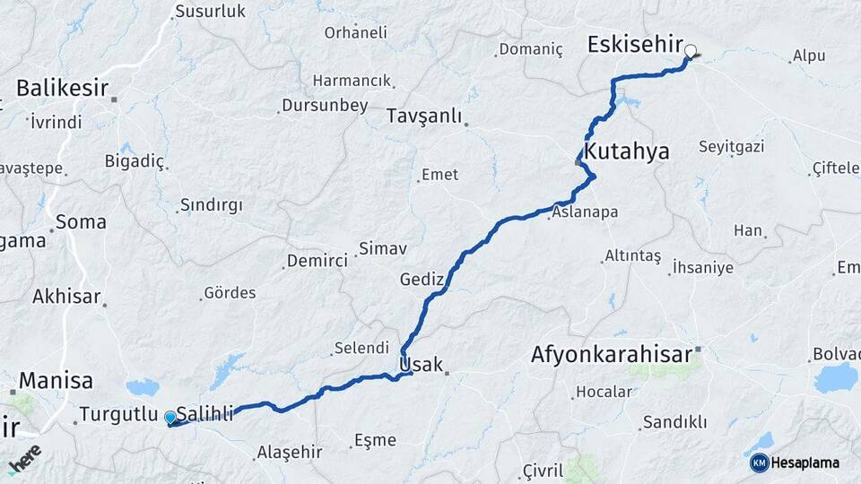 Manisa Salihli Eskişehir Arası Kaç Km - Yol Haritası