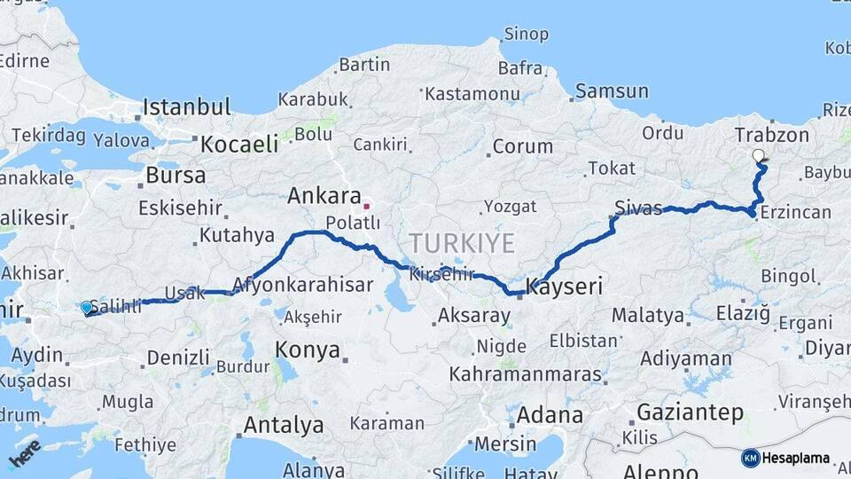Manisa Salihli Gümüşhane Arası Kaç Km - Yol Haritası