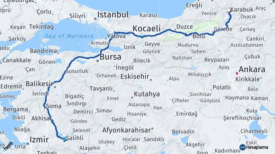 Manisa Salihli Karabük Arası Kaç Km - Yol Haritası