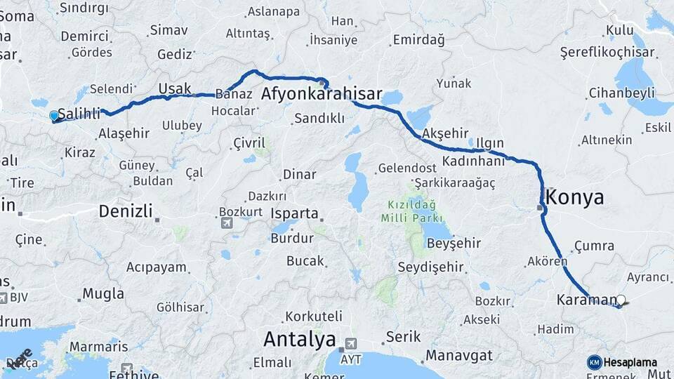 Manisa Salihli Karaman Arası Kaç Km - Yol Haritası