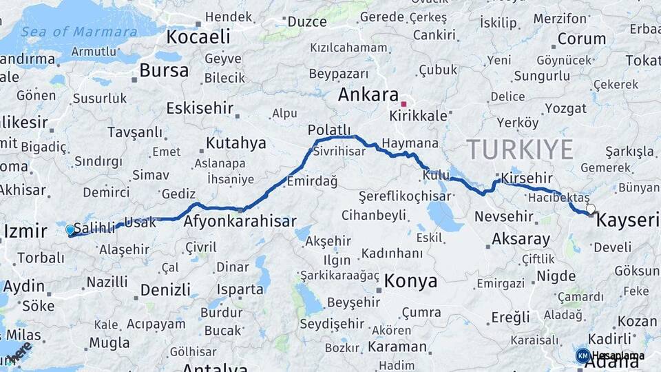 Manisa Salihli Kayseri Arası Kaç Km - Yol Haritası
