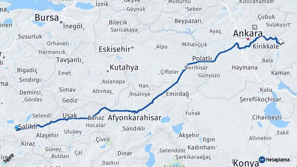 Manisa Salihli Kırıkkale Arası Kaç Km - Yol Haritası