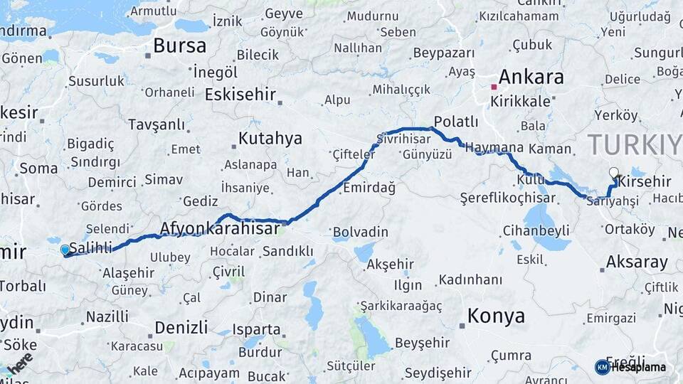 Manisa Salihli Kırşehir Arası Kaç Km - Yol Haritası
