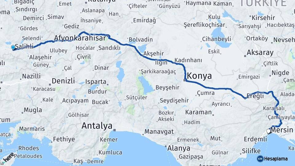 Manisa Salihli Mersin Arası Kaç Km - Yol Haritası