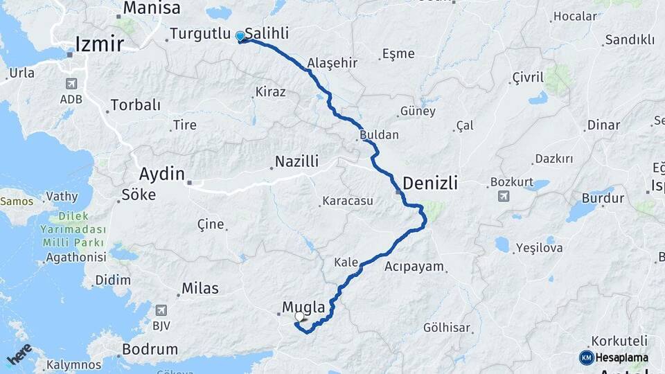 Manisa Salihli Muğla Arası Kaç Km - Yol Haritası