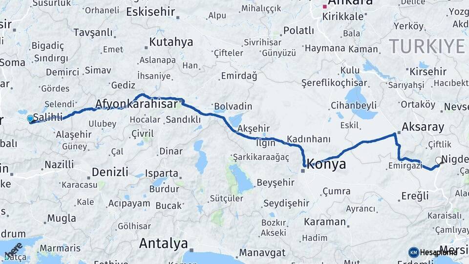Manisa Salihli Niğde Arası Kaç Km - Yol Haritası