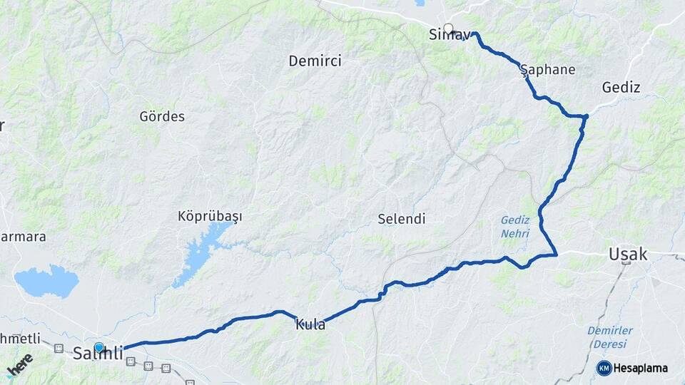Manisa Salihli Simav Kütahya Arası Kaç Km - Yol Haritası