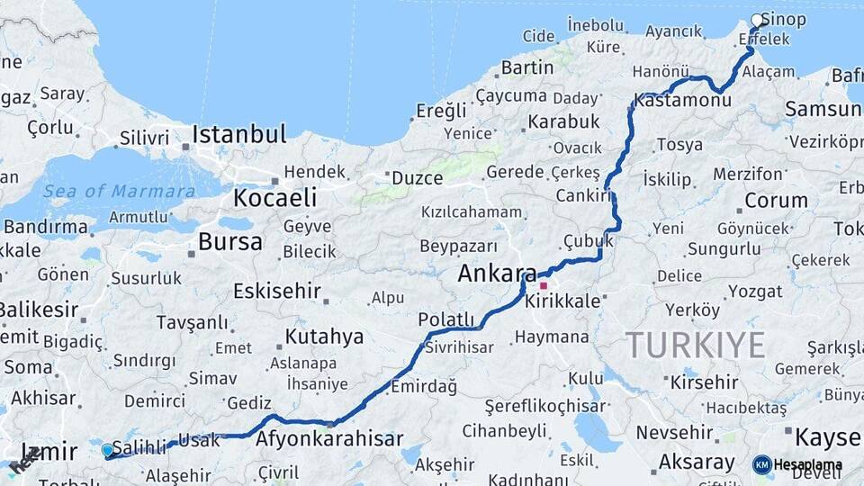 Manisa Salihli Sinop Arası Kaç Km - Yol Haritası