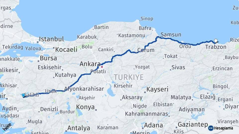 Manisa Salihli Trabzon Arası Kaç Km - Yol Haritası
