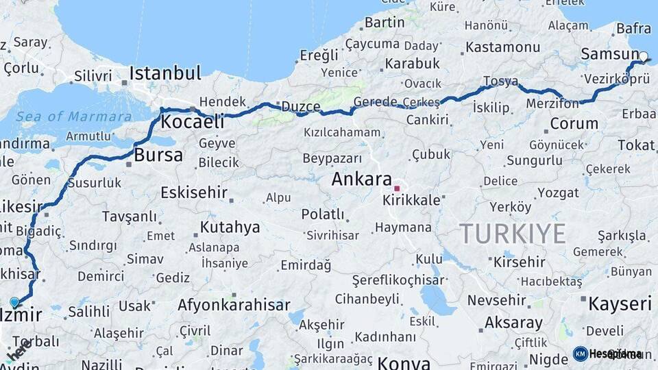 Manisa Samsun Arası Kaç Km - Yol Haritası