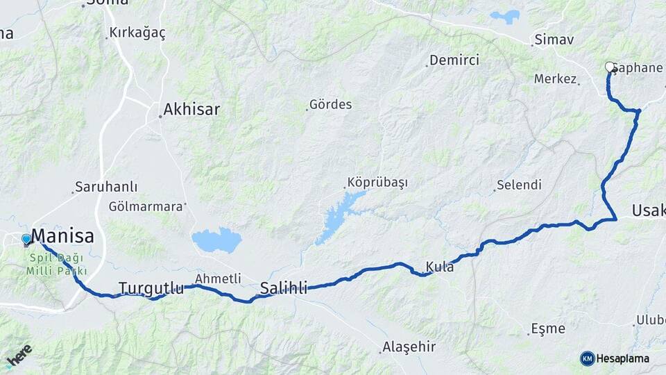Manisa Şaphane Kütahya Arası Kaç Km - Yol Haritası