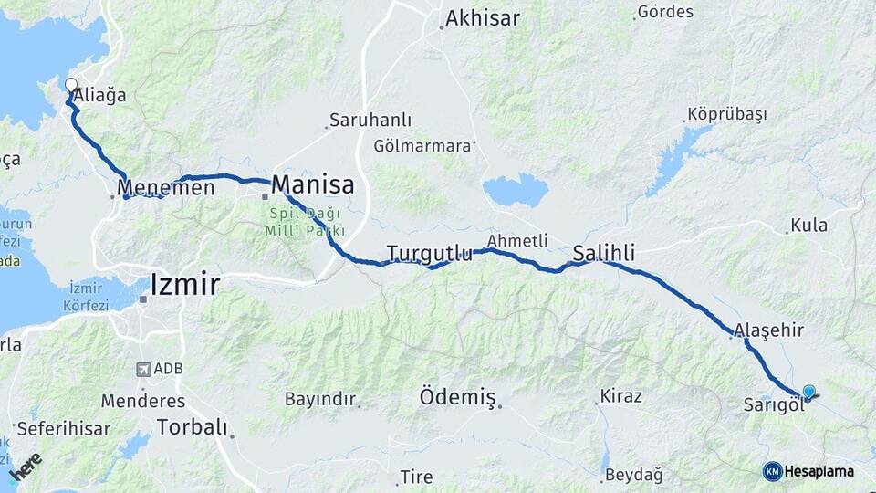 Manisa Sarıgöl Aliağa İzmir Arası Kaç Km - Yol Haritası