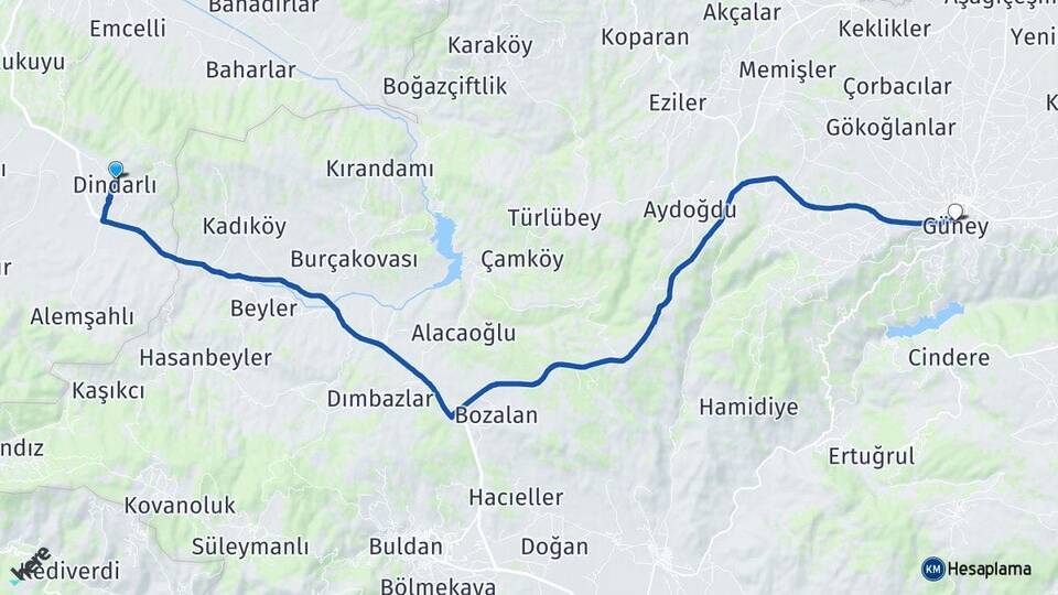 Dindarlı Güney Arası Kaç Km - Yol Tarifi