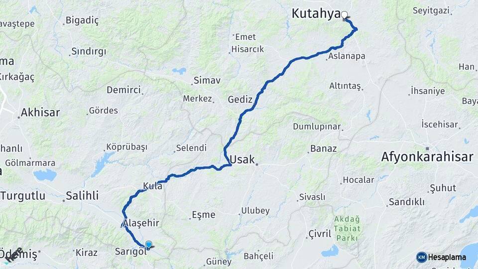 Manisa Sarıgöl Kütahya Arası Kaç Km - Yol Haritası