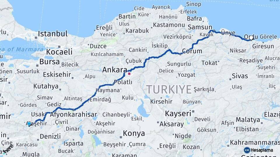 Manisa Sarıgöl Ordu Arası Kaç Km - Yol Haritası