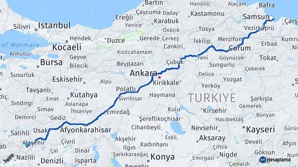 Manisa Sarıgöl Samsun Arası Kaç Km - Yol Haritası