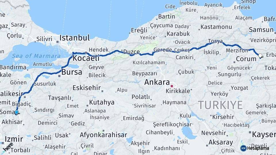 Manisa Soma Amasya Arası Kaç Km - Yol Haritası