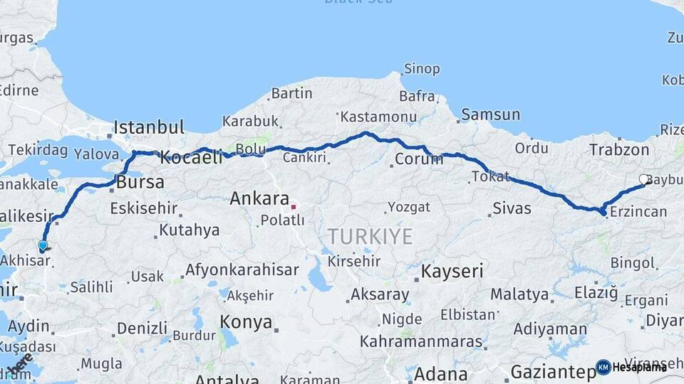 Manisa Soma Bayburt Arası Kaç Km - Yol Haritası