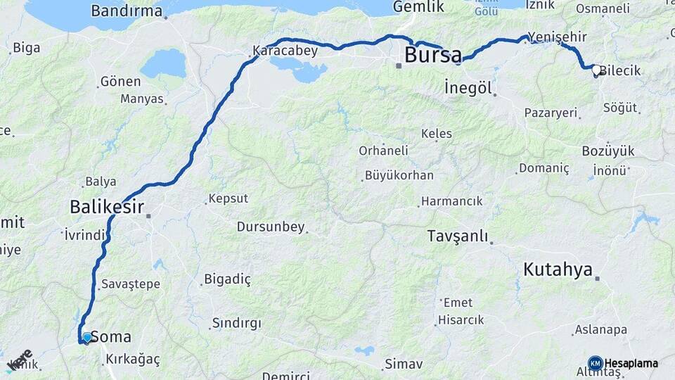 Manisa Soma Bilecik Arası Kaç Km - Yol Haritası