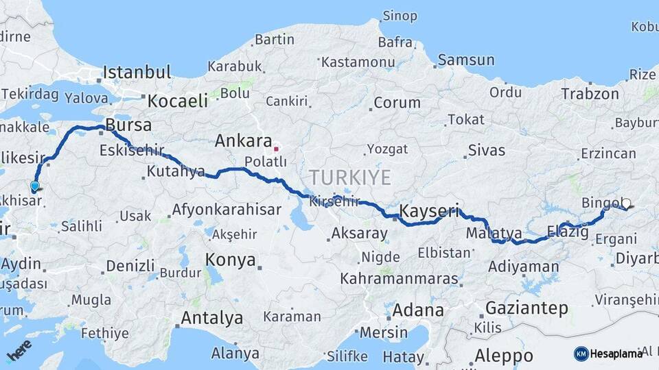 Manisa Soma Bingöl Arası Kaç Km - Yol Haritası