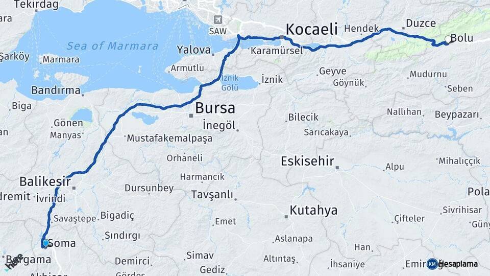Manisa Soma Bolu Arası Kaç Km - Yol Haritası