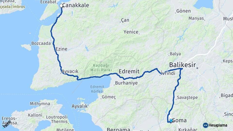 Manisa Soma Çanakkale Arası Kaç Km - Yol Haritası