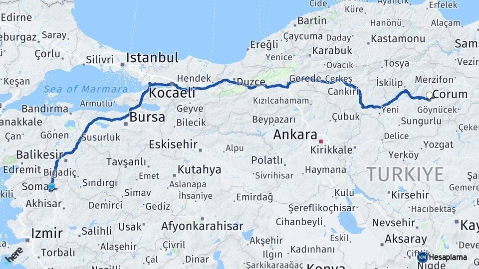 Manisa Soma Çorum Arası Kaç Km - Yol Haritası