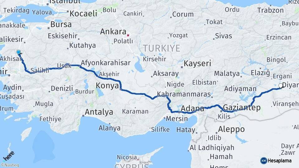 Manisa Soma Diyarbakır Arası Kaç Km - Yol Haritası
