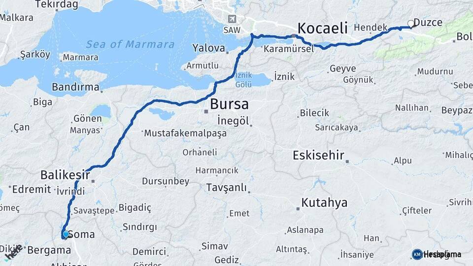 Manisa Soma Düzce Arası Kaç Km - Yol Haritası