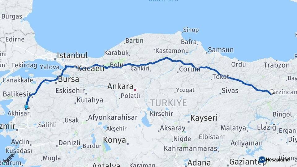 Manisa Soma Erzincan Arası Kaç Km - Yol Haritası