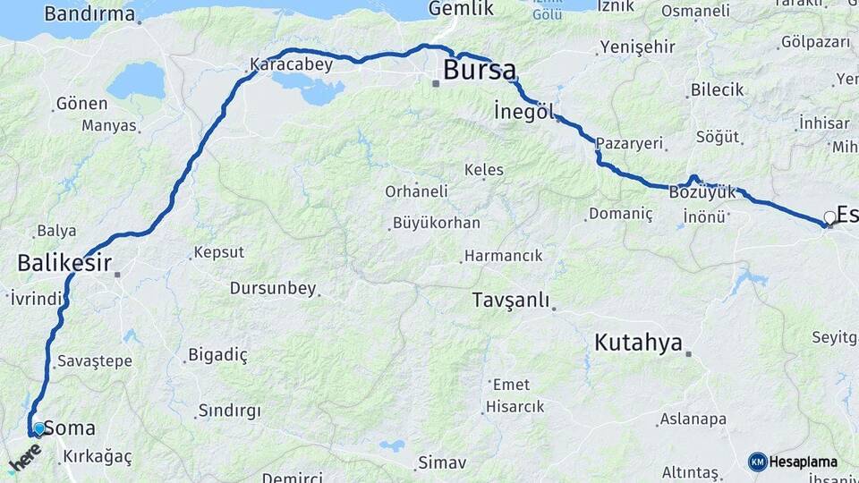 Manisa Soma Eskişehir Arası Kaç Km - Yol Haritası