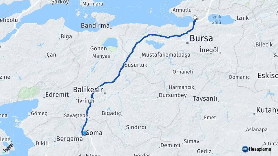 Manisa Soma Gemlik Bursa Arası Kaç Km - Yol Haritası