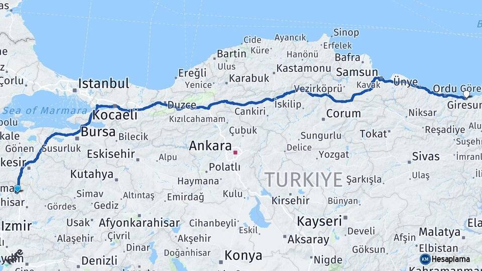 Manisa Soma Giresun Arası Kaç Km - Yol Haritası