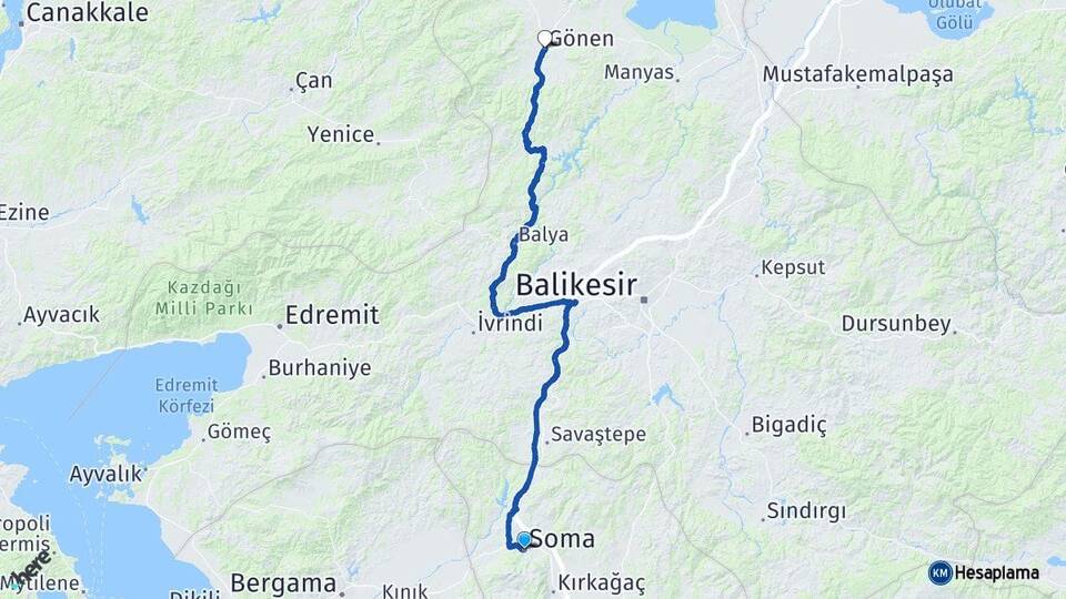 Manisa Soma Gönen Balıkesir Arası Kaç Km - Yol Haritası