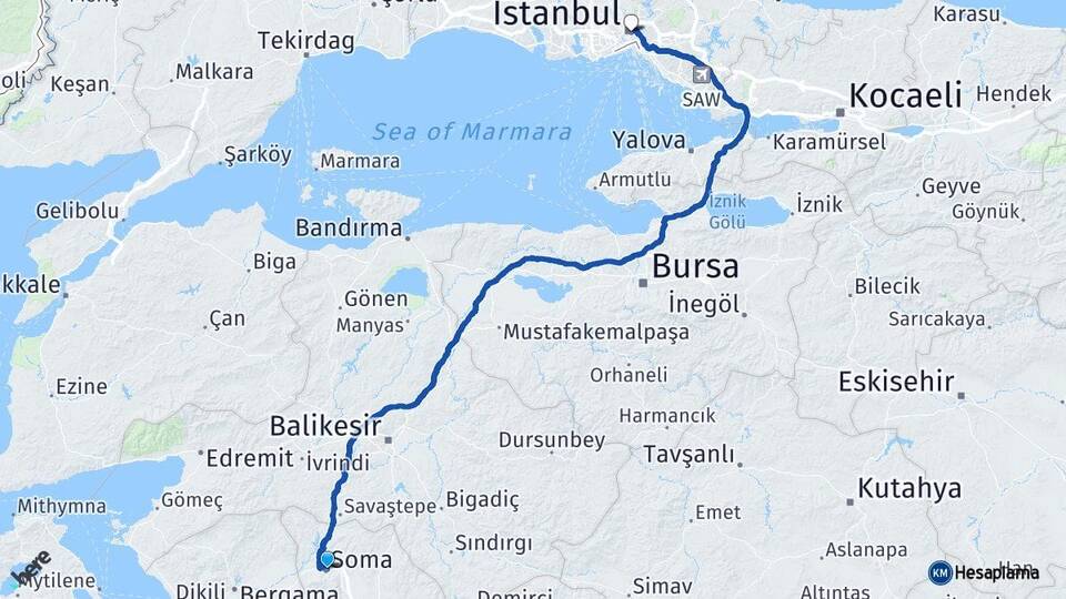 Manisa Soma İstanbul Arası Kaç Km - Yol Haritası