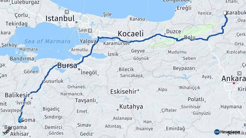 Manisa Soma Karabük Arası Kaç Km - Yol Haritası
