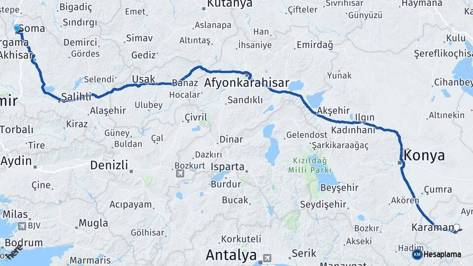 Manisa Soma Karaman Arası Kaç Km - Yol Haritası