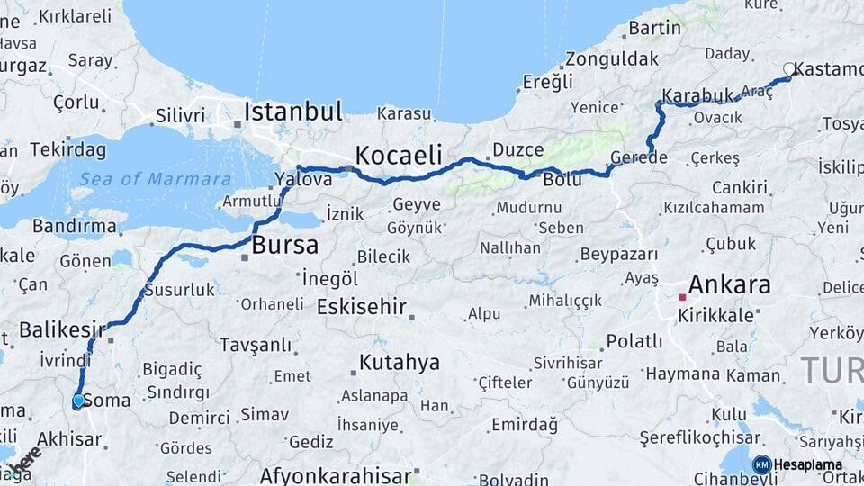 Manisa Soma Kastamonu Arası Kaç Km - Yol Haritası