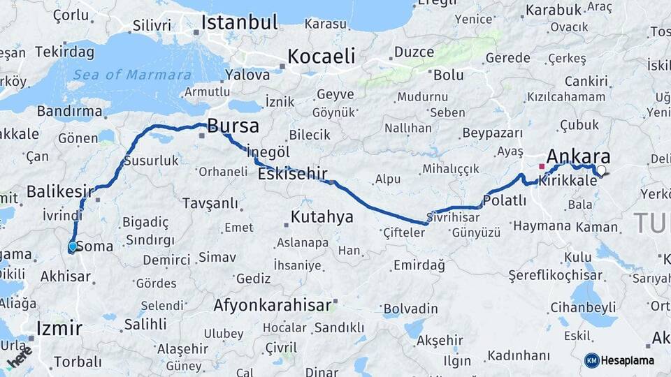 Manisa Soma Kırıkkale Arası Kaç Km - Yol Haritası