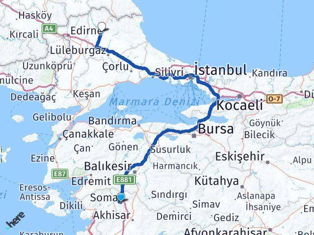 Manisa Soma Kırklareli Arası Kaç Km - Yol Haritası
