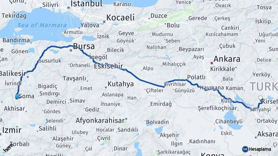Manisa Soma Kırşehir Arası Kaç Km - Yol Haritası