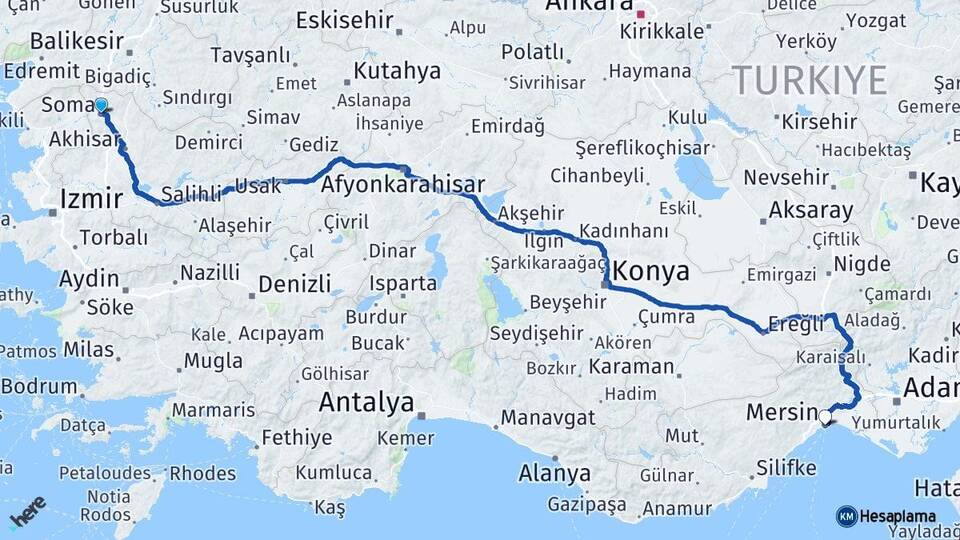 Manisa Soma Mersin Arası Kaç Km - Yol Haritası
